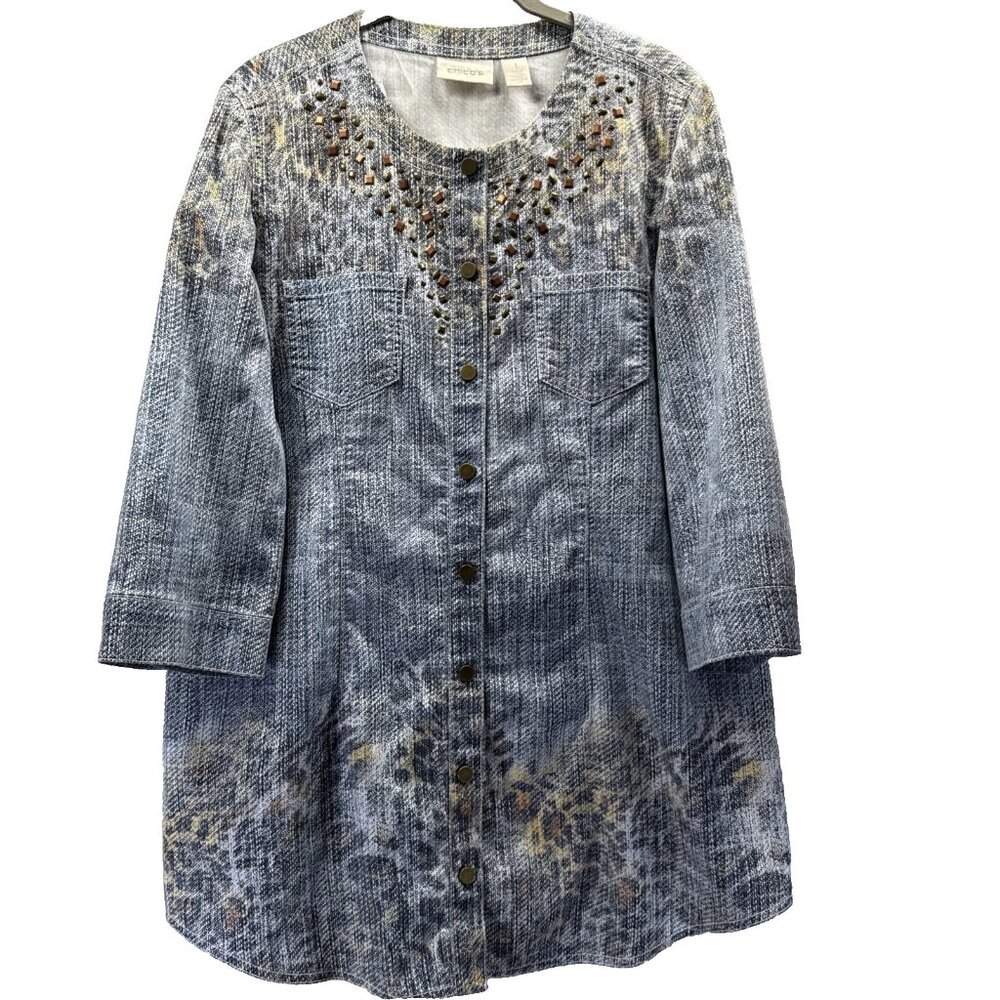 Chicos Women's Tunic Top Size Medium Blue Brown Animal‎ Print Snap 3/4 Sleeves